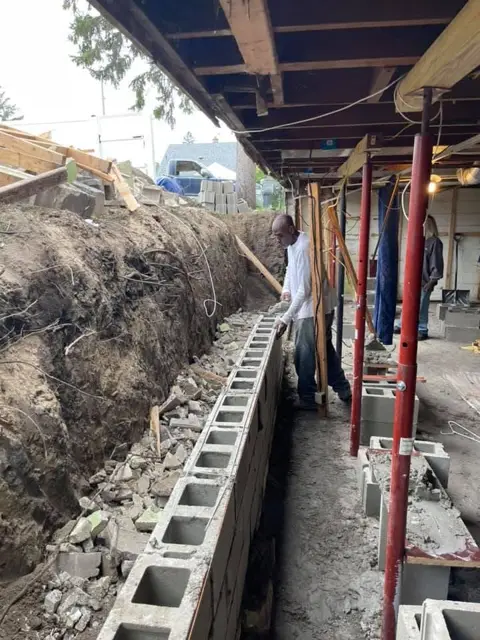 Basement wall rebuilt with block